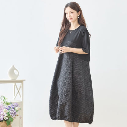 幾何学ジャカード切替バルーンワンピースロング丈半袖ゆったり体型カバー L～LL