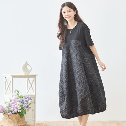 幾何学ジャカード切替バルーンワンピースロング丈半袖ゆったり体型カバー L～LL