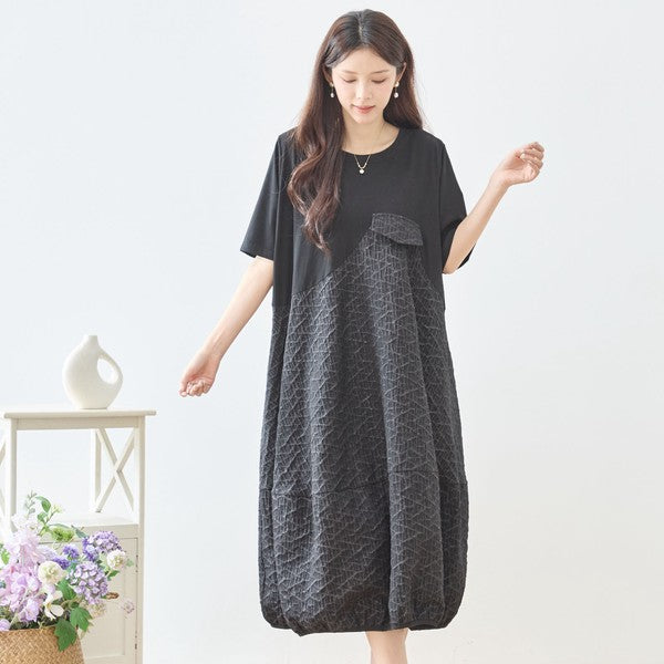 幾何学ジャカード切替バルーンワンピースロング丈半袖ゆったり体型カバー L～LL