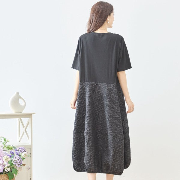 幾何学ジャカード切替バルーンワンピースロング丈半袖ゆったり体型カバー L～LL