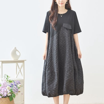 幾何学ジャカード切替バルーンワンピースロング丈半袖ゆったり体型カバー L～LL