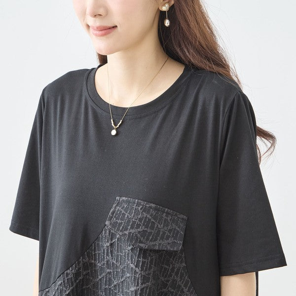 幾何学ジャカード切替バルーンワンピースロング丈半袖ゆったり体型カバー L～LL