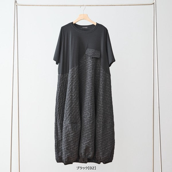 幾何学ジャカード切替バルーンワンピースロング丈半袖ゆったり体型カバー L～LL