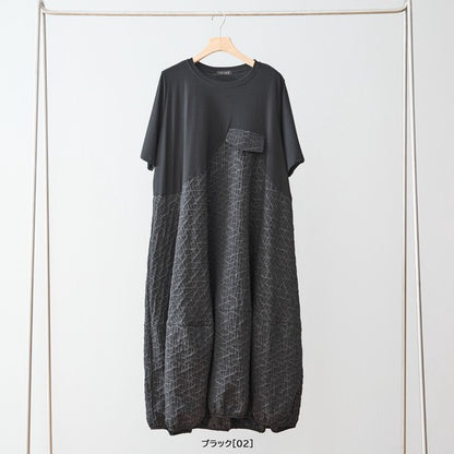 幾何学ジャカード切替バルーンワンピースロング丈半袖ゆったり体型カバー L～LL