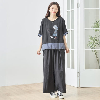帽子少女イラスト ギンガムチェック 切替 トップス 裾ドロスト 半袖 ゆったり 体型カバー L-LL