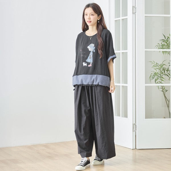 帽子少女イラスト ギンガムチェック 切替 トップス 裾ドロスト 半袖 ゆったり 体型カバー L-LL