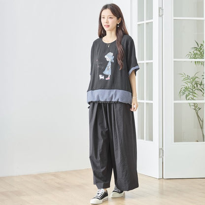 帽子少女イラスト ギンガムチェック 切替 トップス 裾ドロスト 半袖 ゆったり 体型カバー L-LL