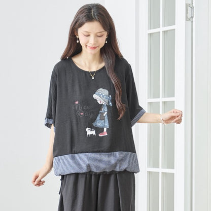 帽子少女イラスト ギンガムチェック 切替 トップス 裾ドロスト 半袖 ゆったり 体型カバー L-LL