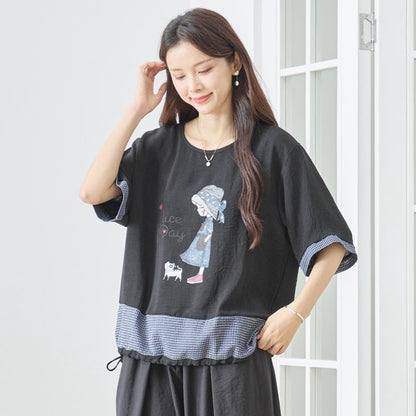 帽子少女イラスト ギンガムチェック 切替 トップス 裾ドロスト 半袖 ゆったり 体型カバー L-LL