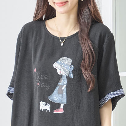 帽子少女イラスト ギンガムチェック 切替 トップス 裾ドロスト 半袖 ゆったり 体型カバー L-LL