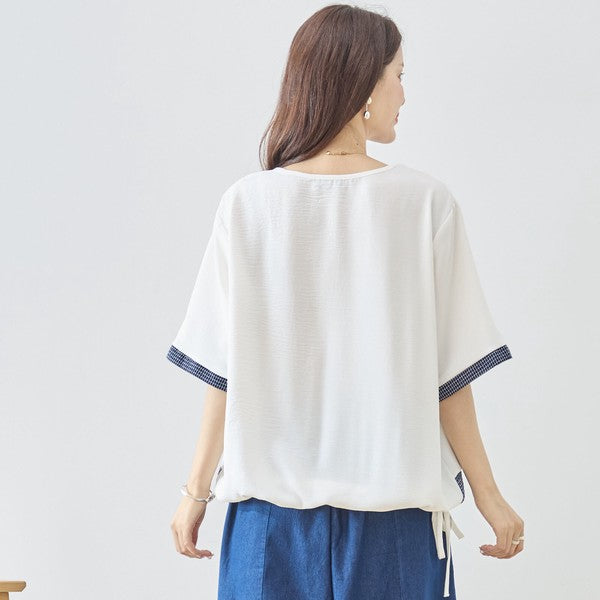 帽子少女イラスト ギンガムチェック 切替 トップス 裾ドロスト 半袖 ゆったり 体型カバー L-LL