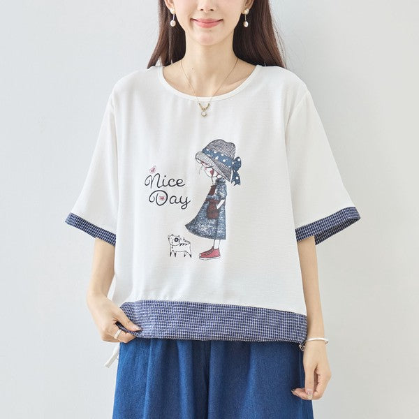 帽子少女イラスト ギンガムチェック 切替 トップス 裾ドロスト 半袖 ゆったり 体型カバー L-LL