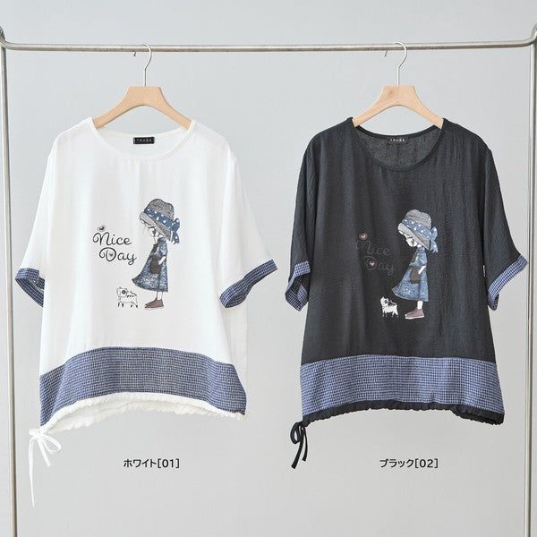 帽子少女イラスト ギンガムチェック 切替 トップス 裾ドロスト 半袖 ゆったり 体型カバー L-LL