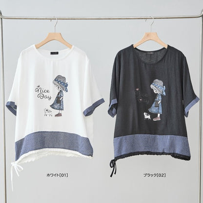 帽子少女イラスト ギンガムチェック 切替 トップス 裾ドロスト 半袖 ゆったり 体型カバー L-LL