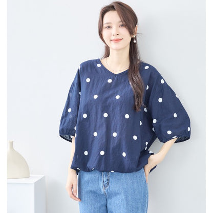 ドット柄 綿100% プルオーバー ブラウス Vネック 半袖 ゆったり 体型カバー