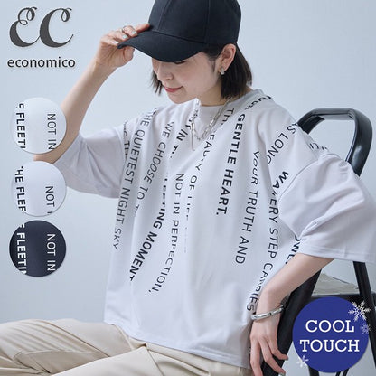 接触冷感 英字 プリント Tシャツ 半袖 ゆったり ドロップショルダー 体型カバー F