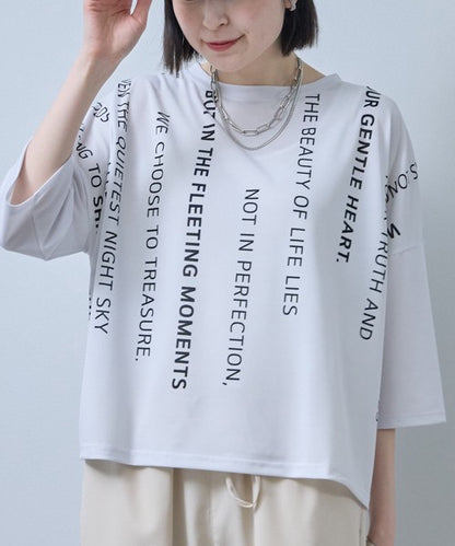 接触冷感 英字 プリント Tシャツ 半袖 ゆったり ドロップショルダー 体型カバー F