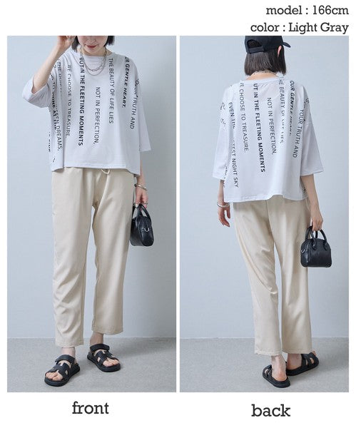 接触冷感 英字 プリント Tシャツ 半袖 ゆったり ドロップショルダー 体型カバー F