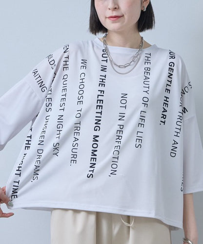 接触冷感 英字 プリント Tシャツ 半袖 ゆったり ドロップショルダー 体型カバー F