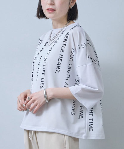 接触冷感 英字 プリント Tシャツ 半袖 ゆったり ドロップショルダー 体型カバー F