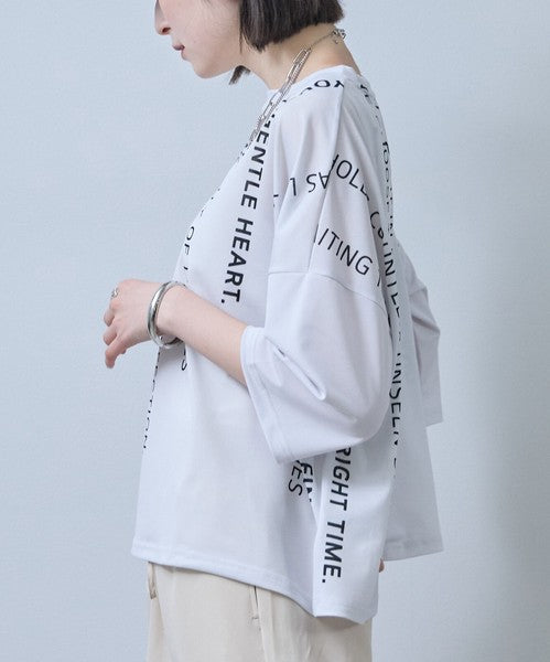 接触冷感 英字 プリント Tシャツ 半袖 ゆったり ドロップショルダー 体型カバー F