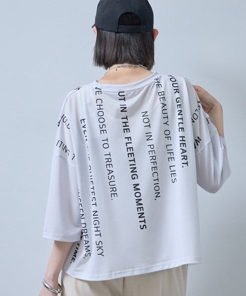 接触冷感 英字 プリント Tシャツ 半袖 ゆったり ドロップショルダー 体型カバー F