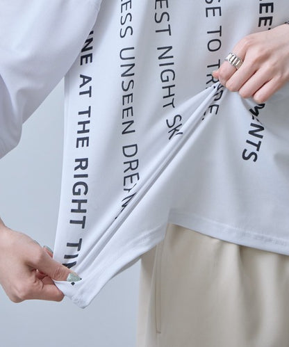 接触冷感 英字 プリント Tシャツ 半袖 ゆったり ドロップショルダー 体型カバー F