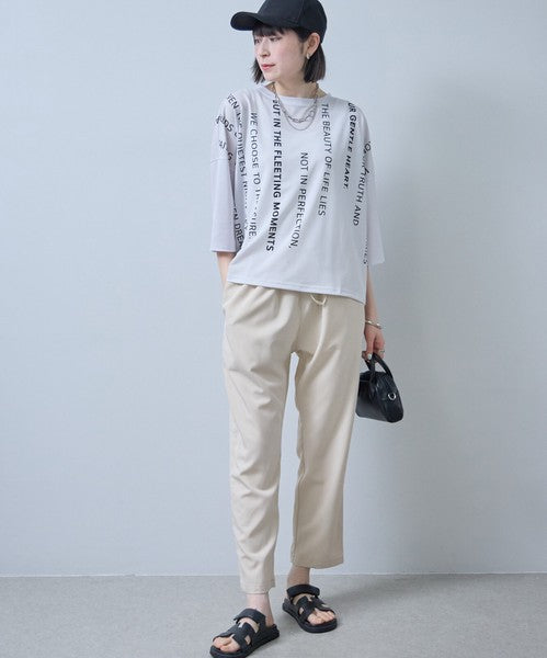 接触冷感 英字 プリント Tシャツ 半袖 ゆったり ドロップショルダー 体型カバー F