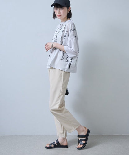 接触冷感 英字 プリント Tシャツ 半袖 ゆったり ドロップショルダー 体型カバー F