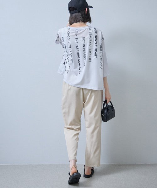 接触冷感 英字 プリント Tシャツ 半袖 ゆったり ドロップショルダー 体型カバー F