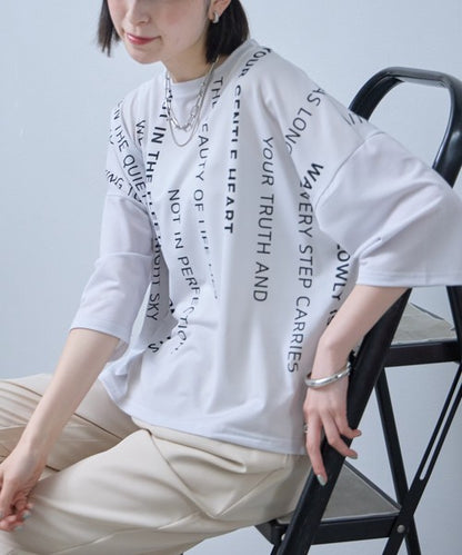 接触冷感 英字 プリント Tシャツ 半袖 ゆったり ドロップショルダー 体型カバー F