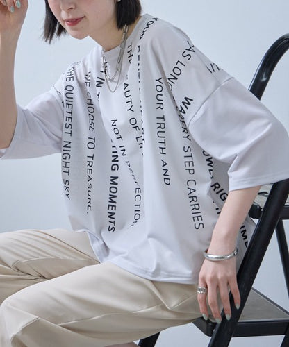 接触冷感 英字 プリント Tシャツ 半袖 ゆったり ドロップショルダー 体型カバー F