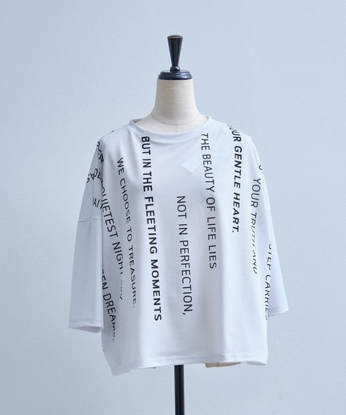 接触冷感 英字 プリント Tシャツ 半袖 ゆったり ドロップショルダー 体型カバー F