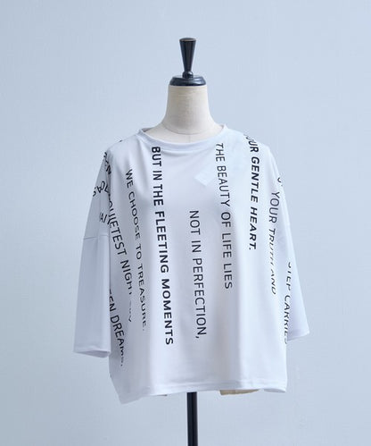 接触冷感 英字 プリント Tシャツ 半袖 ゆったり ドロップショルダー 体型カバー F