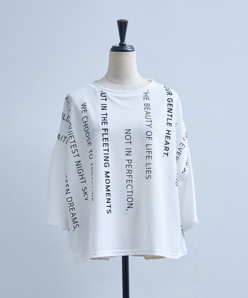 接触冷感 英字 プリント Tシャツ 半袖 ゆったり ドロップショルダー 体型カバー F
