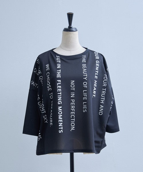 接触冷感 英字 プリント Tシャツ 半袖 ゆったり ドロップショルダー 体型カバー F