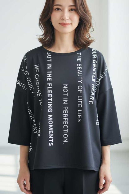 接触冷感 英字 プリント Tシャツ 半袖 ゆったり ドロップショルダー 体型カバー F