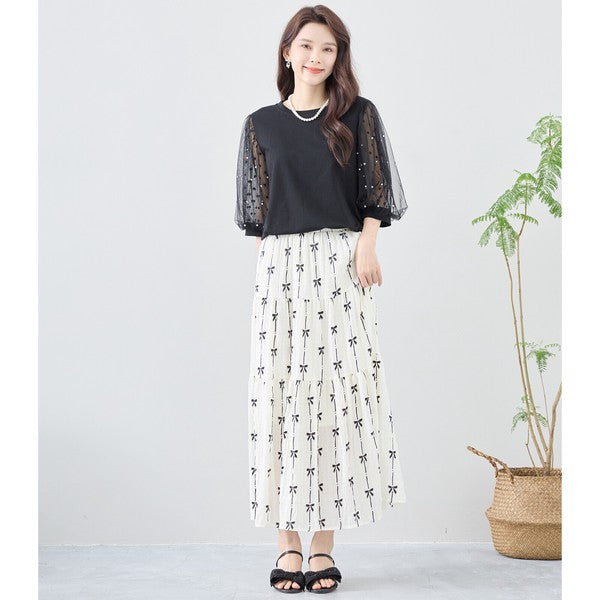 パール付き チュール袖 パフスリーブ プルオーバー ゆったり 体型カバー M-L