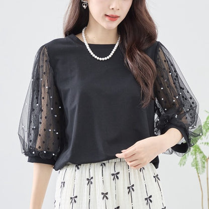 パール付き チュール袖 パフスリーブ プルオーバー ゆったり 体型カバー M-L