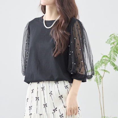 パール付き チュール袖 パフスリーブ プルオーバー ゆったり 体型カバー M-L