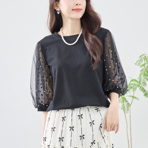 パール付き チュール袖 パフスリーブ プルオーバー ゆったり 体型カバー M-L