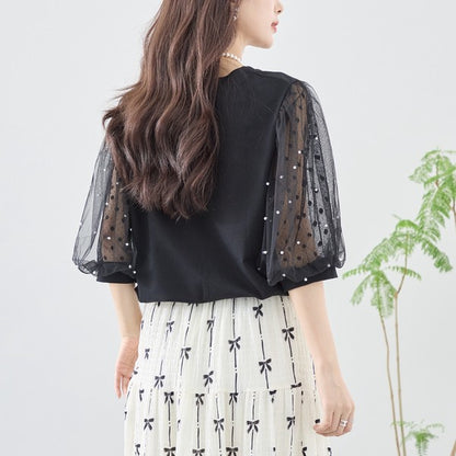 パール付き チュール袖 パフスリーブ プルオーバー ゆったり 体型カバー M-L