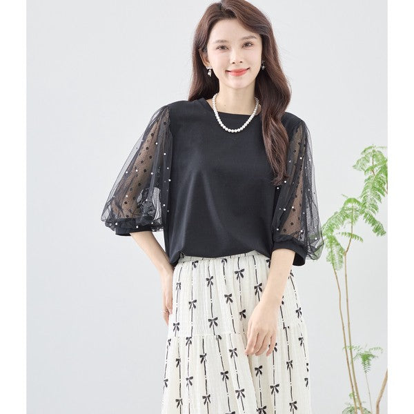 パール付き チュール袖 パフスリーブ プルオーバー ゆったり 体型カバー M-L