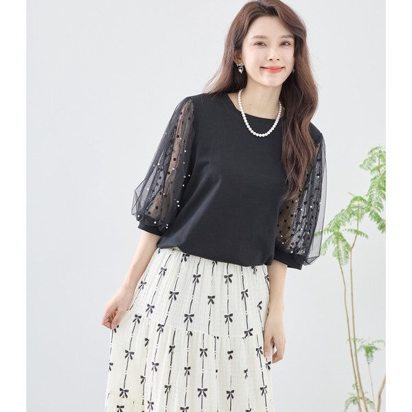 パール付き チュール袖 パフスリーブ プルオーバー ゆったり 体型カバー M-L