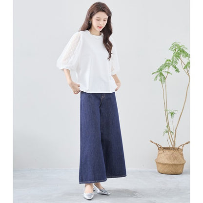 パール付き チュール袖 パフスリーブ プルオーバー ゆったり 体型カバー M-L