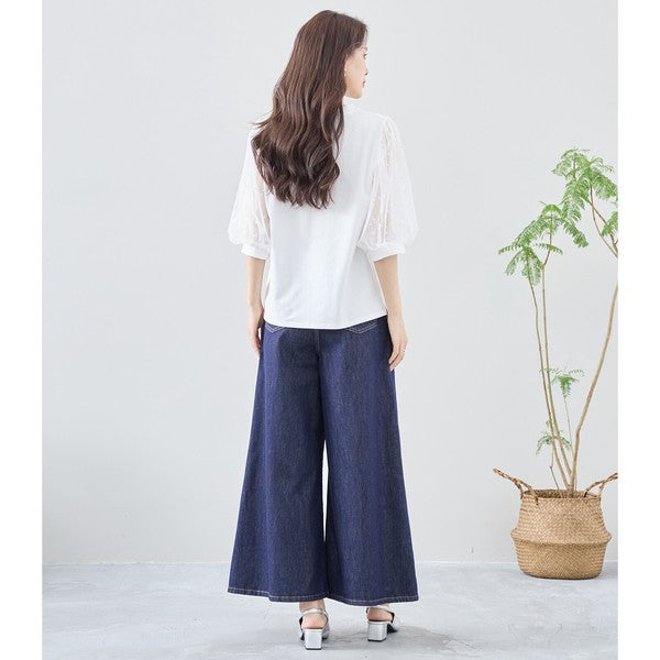 パール付き チュール袖 パフスリーブ プルオーバー ゆったり 体型カバー M-L