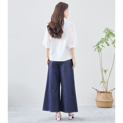 パール付き チュール袖 パフスリーブ プルオーバー ゆったり 体型カバー M-L