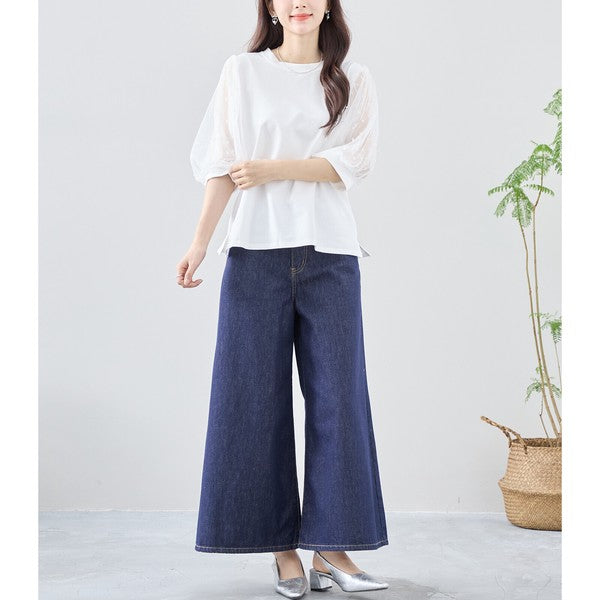 パール付き チュール袖 パフスリーブ プルオーバー ゆったり 体型カバー M-L