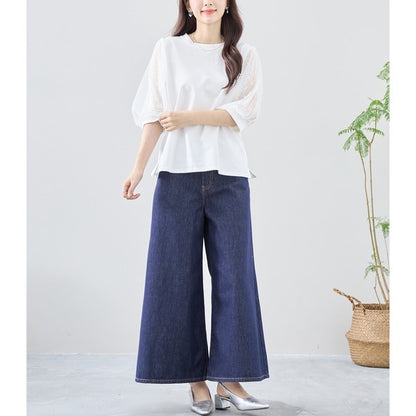 パール付き チュール袖 パフスリーブ プルオーバー ゆったり 体型カバー M-L