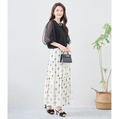 パール付き チュール袖 パフスリーブ プルオーバー ゆったり 体型カバー M-L